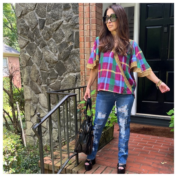 21 Boho Blue Green Purple Plaid with Gold Trim Crossover Top - Picture 4 of 10